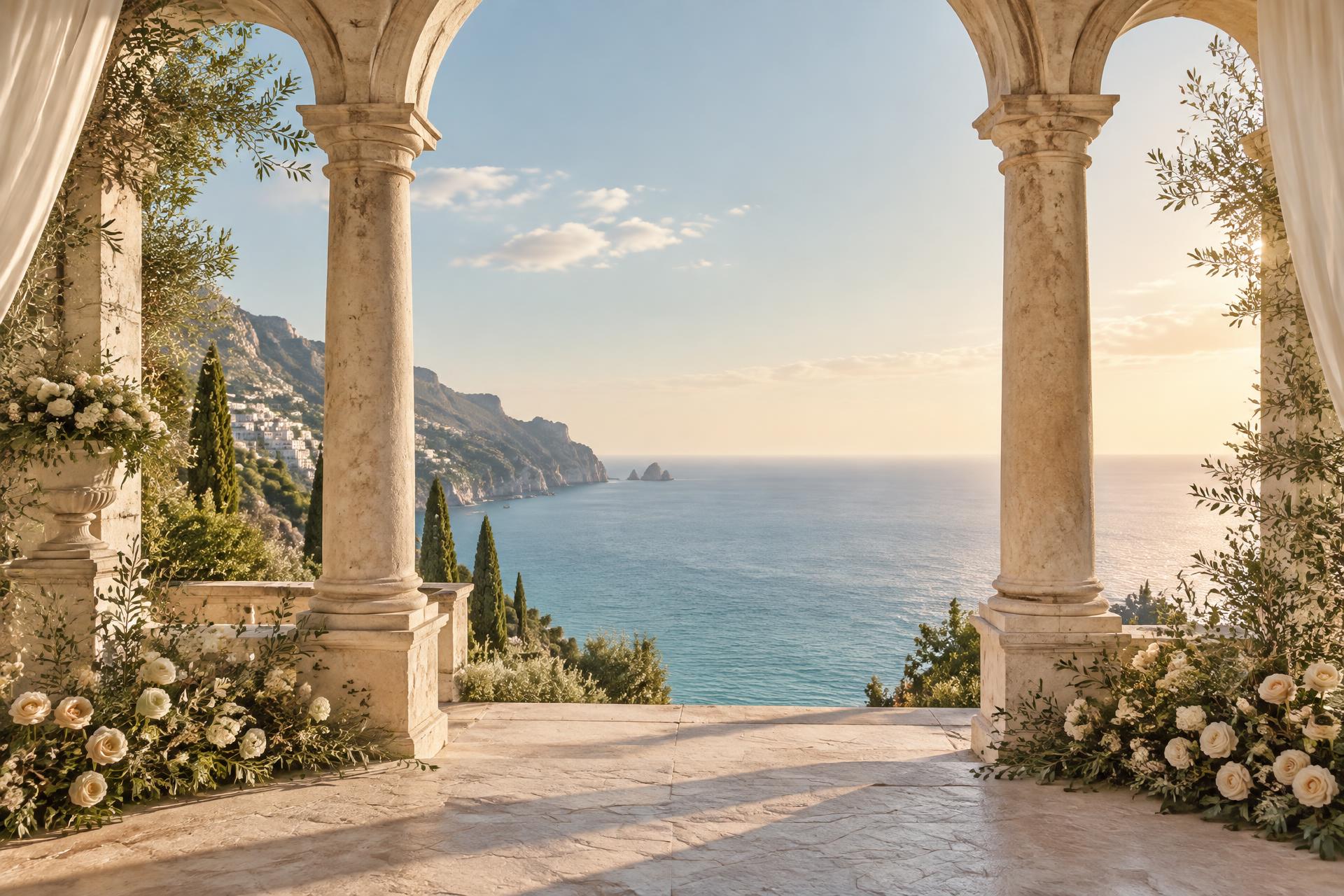 Sunlit stone arches opening onto a tranquil sea
