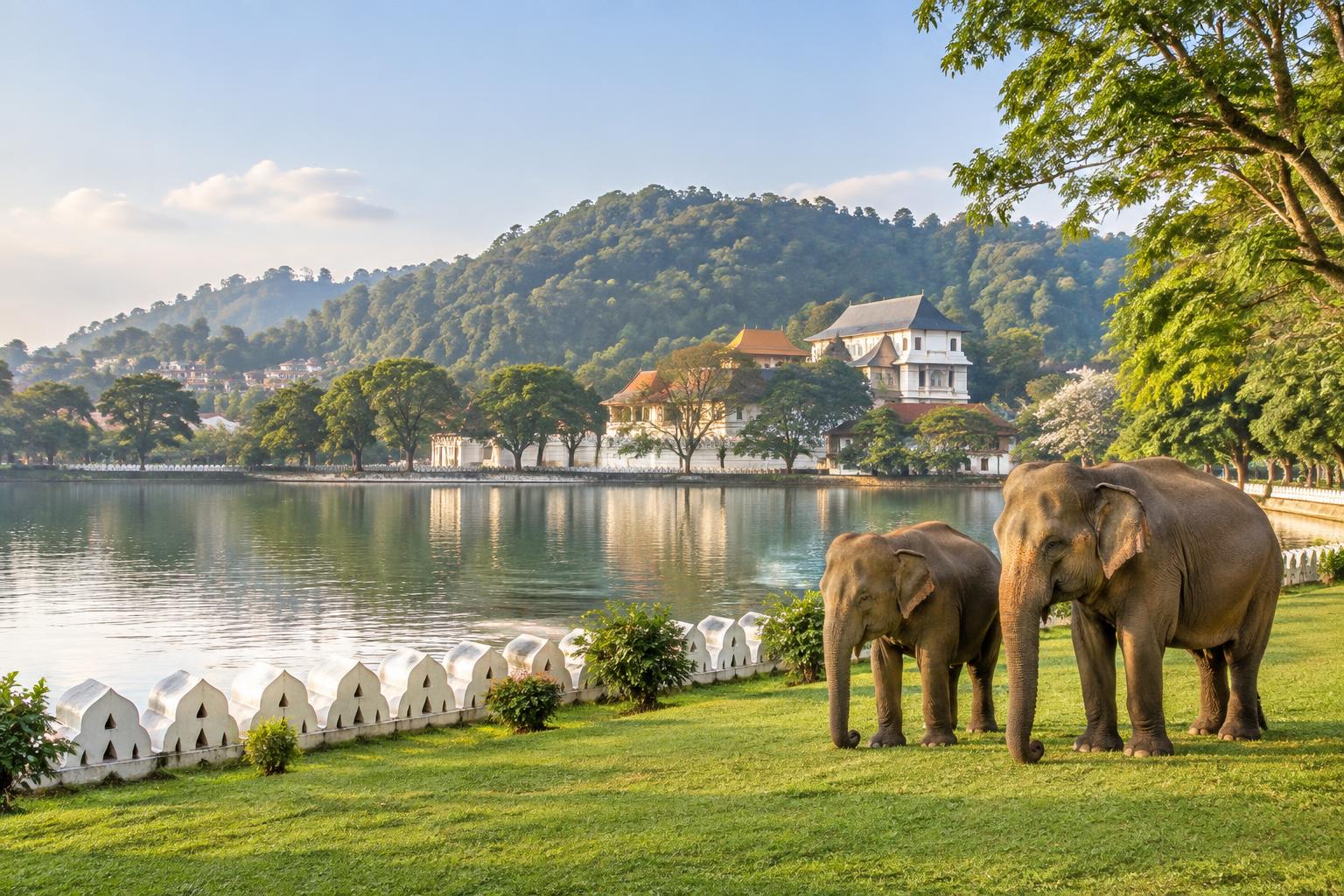 An artist’s view of Kandy Lake with Sri Lankan elephants beside the lakeside wall